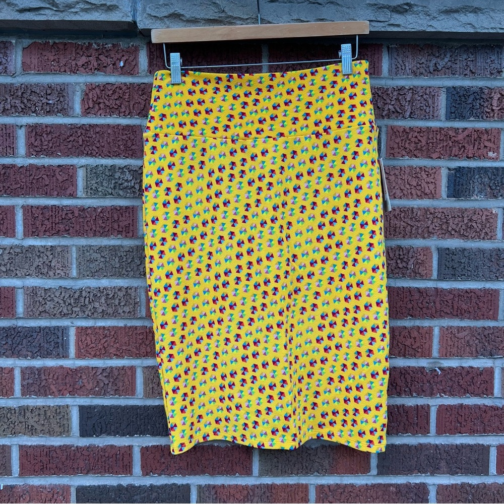 LuLaRoe Bright Yellow Geometric Color Wheel High Rise Cassie Pencil Skirt 1